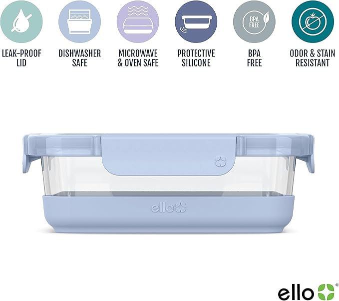 Ello Duraglass 3.4 Cup Meal Prep Sets 10Pc,Set-Glass Food Storage Container with Silicone Boot and Airtight BPA-Free Plastic Lids,Dishwasher,Microwave,and Freezer Safe,Halogen Blue,5 Count (Pack of 2)