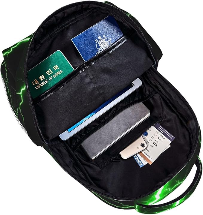 Men Women Polyester Green Lightning Art Casual Daypack Large Capacity Carry On Bag With Adjustable Shoulder Straps for Camping Work Running