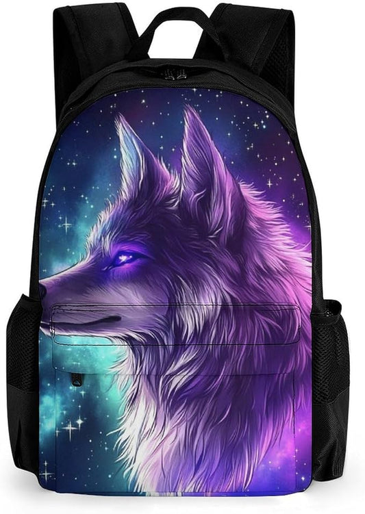 Men Women Lightweight Purple Universe Space Galaxy Magic Wolf Art Daypack Bookbag Big Capacity Carry On Bag With Side Pockets for Camping Travel Bicycle