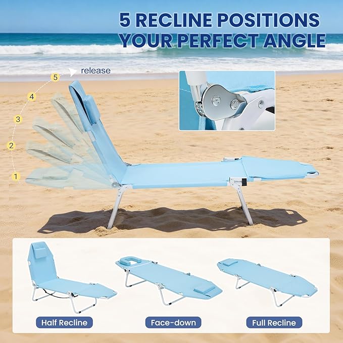 LILYPELLE Tanning Chair with Face Hole, Heavy Duty Outside Lounge Chair with Mattress, Folding Outdoor Face Down Tanning Chairs Arm Hole for Beach Poolside Patio Sunbathing Lawn Camping