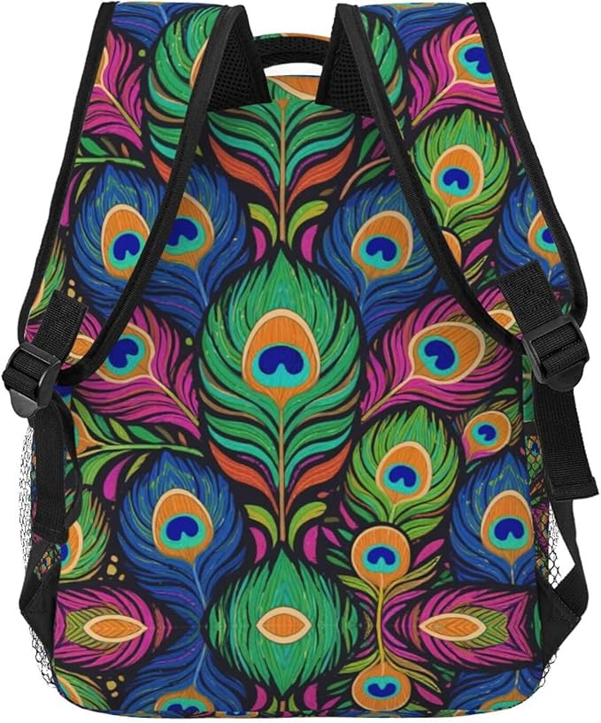 Men Women Lightweight Chic Animal Beautiful Peacock Feather Art Casual Daypack Big Capacity Bookbag With Padded Straps for Gym Travel Walking Cycling