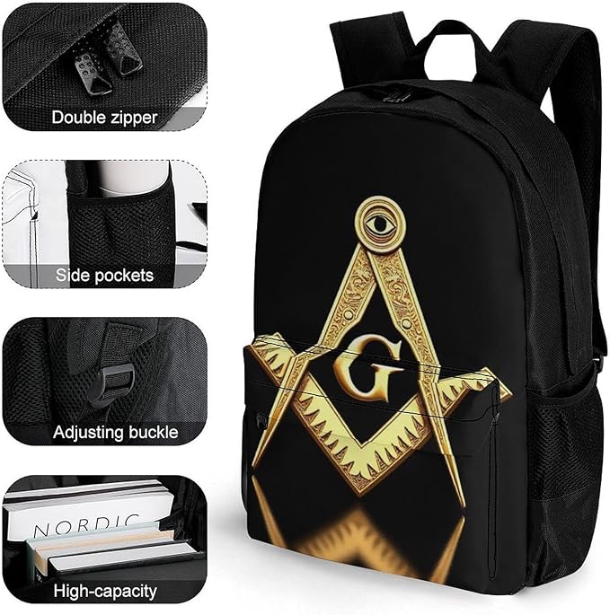 Polyester Daypack Backpack for Sports Travel Running, Big Capacity Anti-Theft Multipurpose Carry On Bag, Gold Freemason Freemasonry Masonic Laptop Book Bag Rucksack