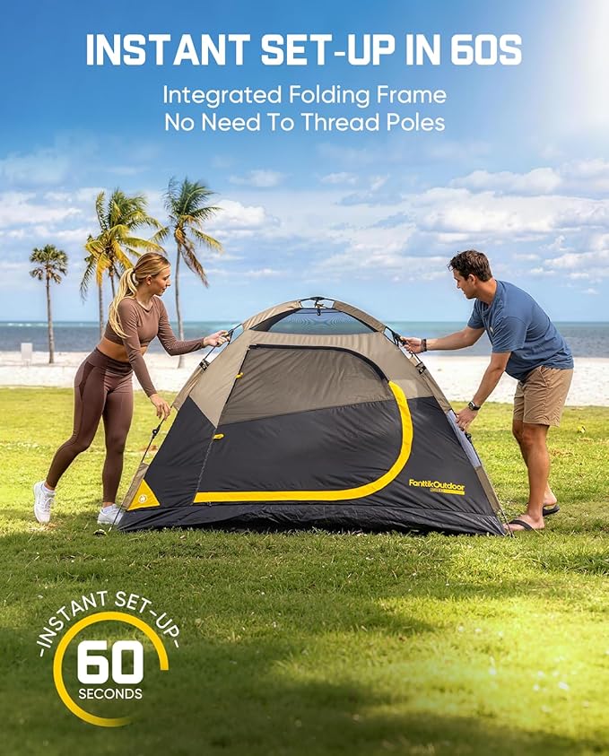 FanttikOutdoor Zeta C2/3/4 Camping Tent, 2/3/4 Person Instant Dome Tent, Easy Setup in 60s, Portable Waterproof Cabin Tent with Pre-Attached Poles & Air Vent, Ideal for Camping, Hiking, Backyard