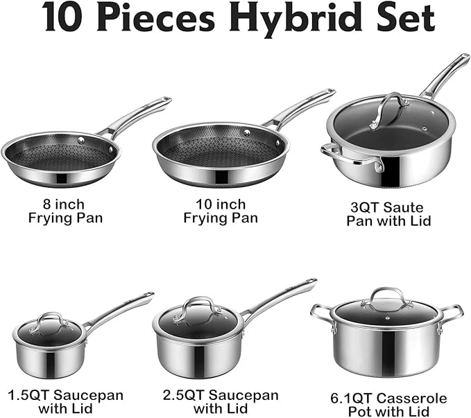 SNOWCLAD Pots and Pans Set Non Stick, 9 Pcs Hybrid Stainless Steel Cookware Sets, Non Stick Frying Pans, Saucepans, Saute Pan & Stock Pot, PFOA Free Kitchen Skillet,Induction Compatible