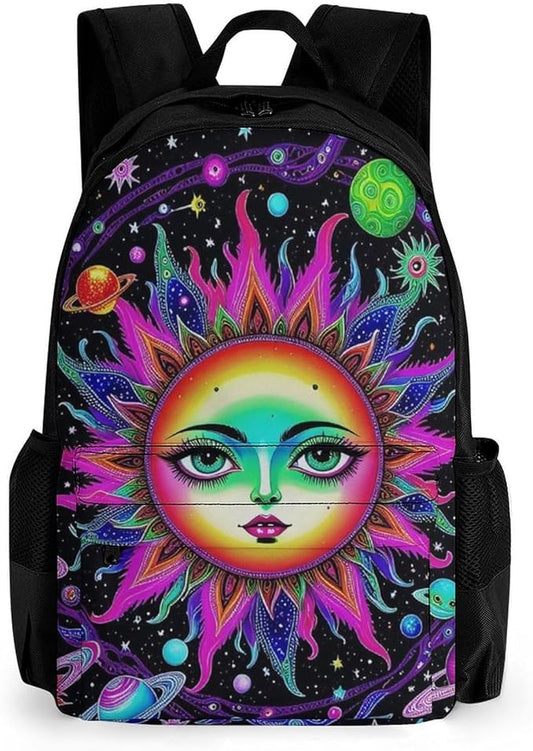 Supdreamc Men Women Lightweight Psychedelic Sun And Moon Neon Art Daypack Bookbag Big Capacity Carry On Bag With Side Pockets for Camping Travel Bicycle