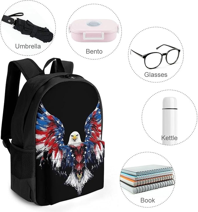 Supdreamc Rucksack Polyester Anti-Theft Multipurpose American Flag And Bald Eagle Patriotic Black Carry On Bag Large Capacity Travel and Sport Backpack Rucksack With Smooth Zippers
