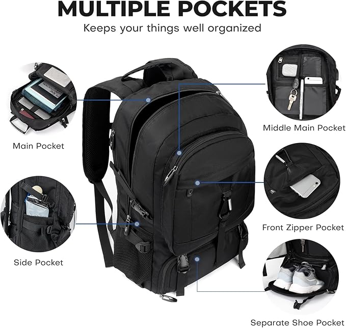 Large Travel Backpack for Men Women,Carry on Backpack with Shoe Compartment USB Charging Port,College Backpack,Bookbag fit 17.3 Inch Laptop for Business Hiking Camping (Fits 4.92-5.91 ft height)