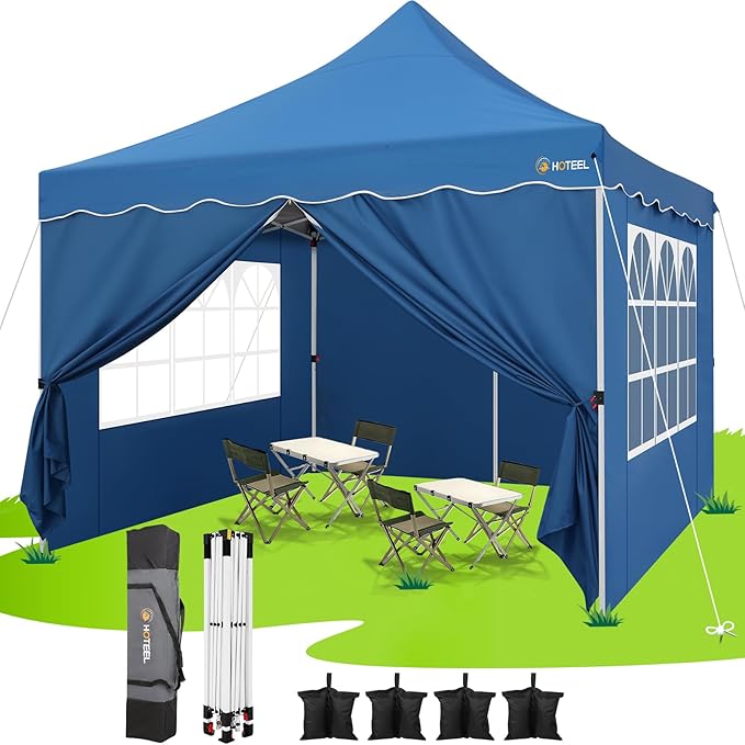 HOTEEL Canopy Tent 10x10 Pop Up Canopy with 4 Removable Sidewalls, Sandbags, Stakes & Ropes, UPF 50+ Easy Setup Canopy Tent Waterproof Outdoor Instant Portable Shelter for Party, Events, Vendor, Blue