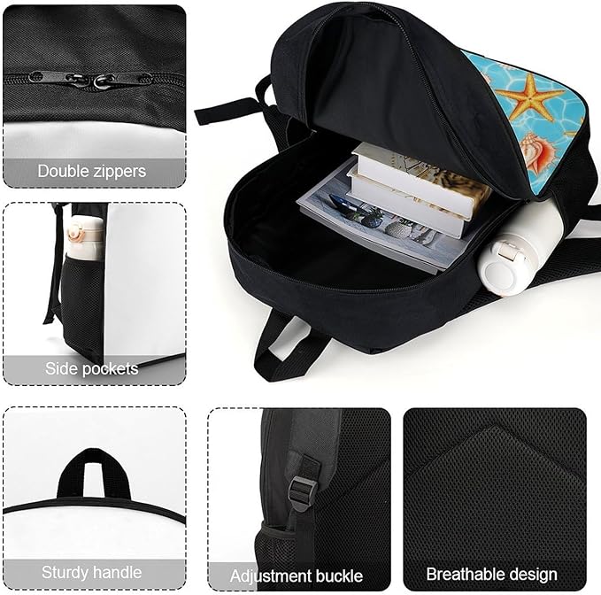 Large Rucksack for Outdoor Hiking and Camping with Daypack Design, Summer Beach Starfish Seashell Daypack Backpack Men Women
