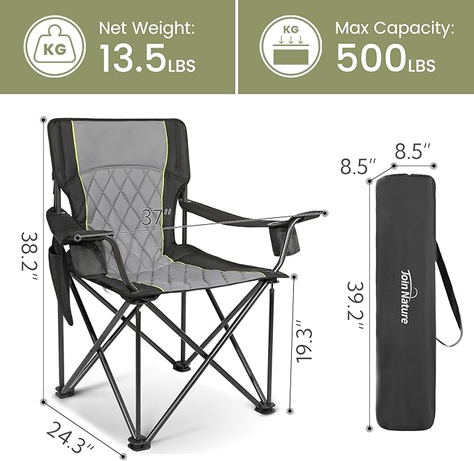 Folding Camping Chairs for Adults, Padded Folding Chairs for Outside Heavy Duty with Cup Holders & Side Pocket, Support up to 500 lbs, Black