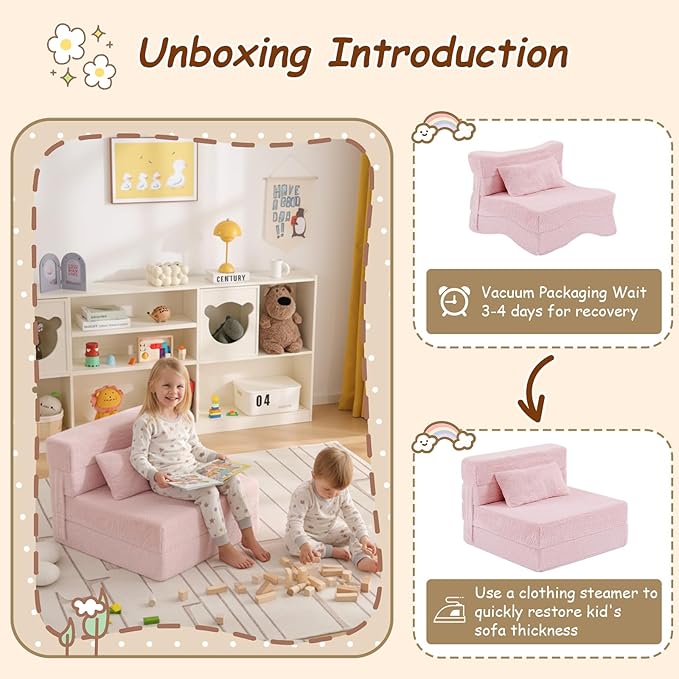 Folding Sofa Bed Floor Mattress for Kids with Pillow, Toddler Washable Folding Floor Nap Mat for Daycare, Child Fold Up Sofa Futon Chair Bed with Storage Bag for Playroom, Camping
