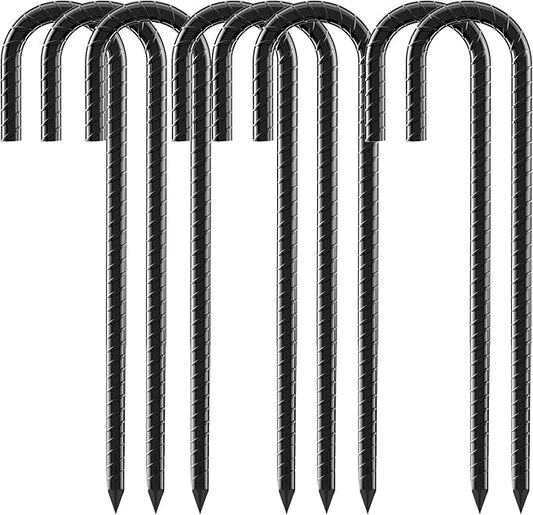 12 Inch Rebar Stakes, 8 Pack J Hook Heavy Duty Ground Stakes for Canopy Tent Trampoline and Chain Link Fence Rust Proof Coated Steel Ground Stakes Ground Anchors (Black)