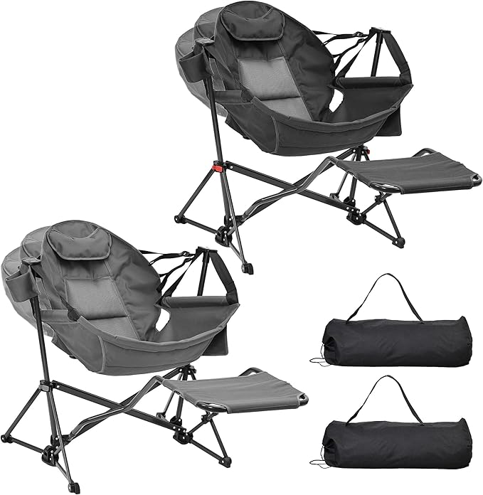 Ainfox Hammock Camping Chair with Footrest, Heavy Duty Foldable Portable Rocking Hammock Chairs Outside Swinging Camp with Cup Holder Pillow for Outdoor Patio Poolside Black Grey