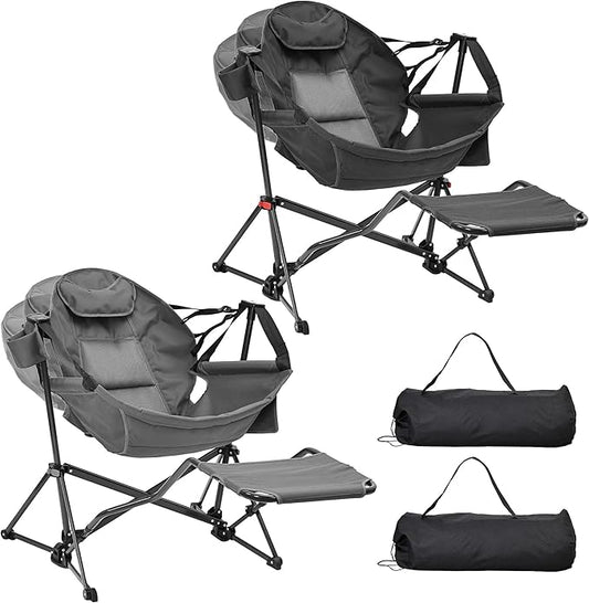 Ainfox Hammock Camping Chair with Footrest, Heavy Duty Foldable Portable Rocking Hammock Chairs Outside Swinging Camp with Cup Holder Pillow for Outdoor Patio Poolside Black Grey
