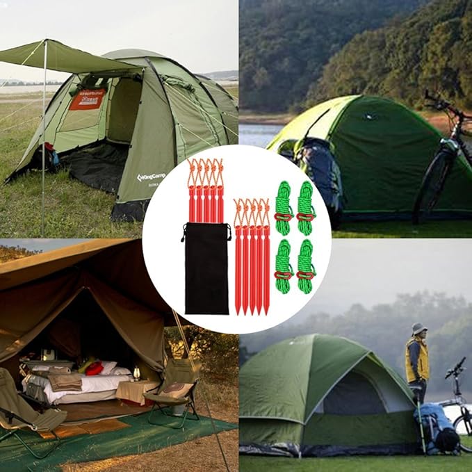 SourceTon 10 Pack Tent Stakes with 4 Reflective Guy Lines - 7075 Aluminum Lightweight Rust-Free Camping Pegs for All Terrains, Includes Adjustable Cord & Carry Pouch (7" Heavy Duty)