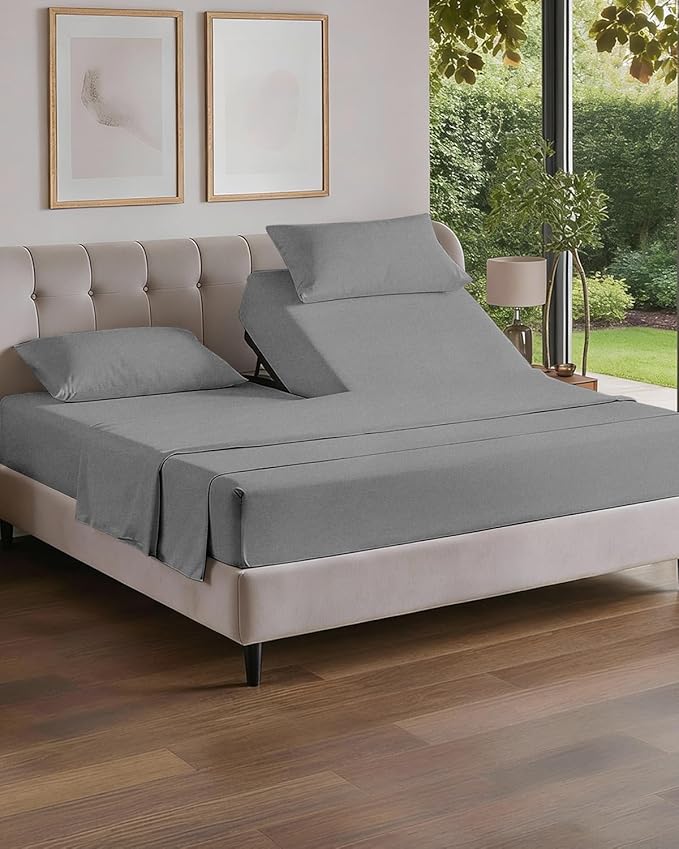 Flex Top Split Head King 4 Piece Sheet Set - Comfy Breathable & Cooling Bed Sheets Set - Hotel Luxury Bedding for Women, Men, Kids, Teens, Boys & Girls - Deep Pockets, Soft, Oeko-Tex - Heathered Grey