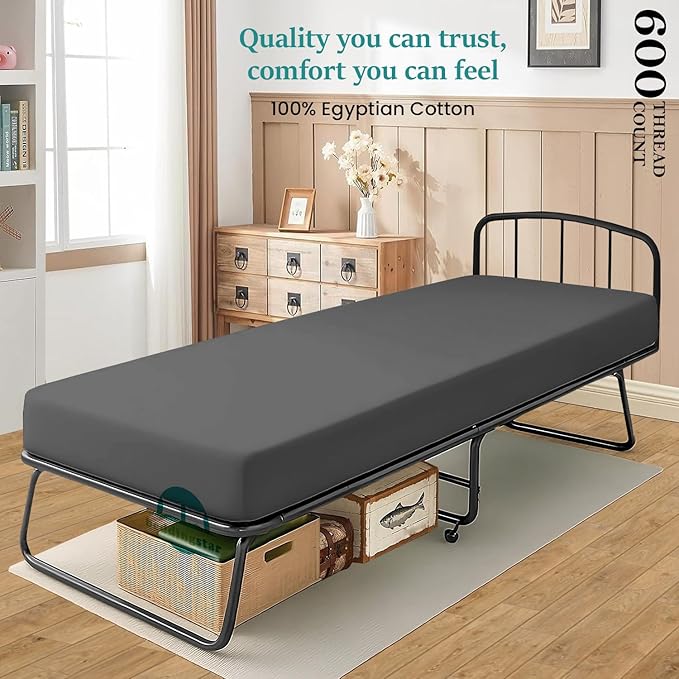 Twin XL Fitted Sheet 39 x 80 Inches 10" Deep Pocket 100% Egyptian Cotton 600 Thread Count Snug Fit for Trifold Mattress, Narrow Twin, Camp Bunk, Guest Bed, Army Cot Soft & Breathable – Dark Grey
