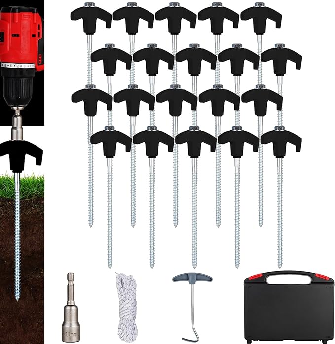 20PCS Screw in Tent Stakes Heavy Duty,8 Inch Screw in Tent Pegs,Metal Camping Stakes,with Hex Head Driver,Nail Lifter,Ropes,Camping Tent Accessories,Black