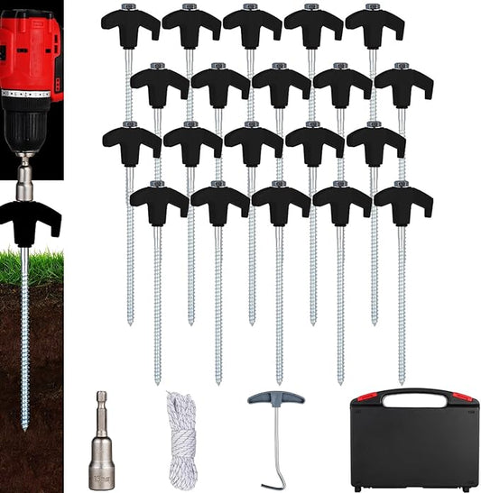 20PCS Screw in Tent Stakes Heavy Duty,8 Inch Screw in Tent Pegs,Metal Camping Stakes,with Hex Head Driver,Nail Lifter,Ropes,Camping Tent Accessories,Black