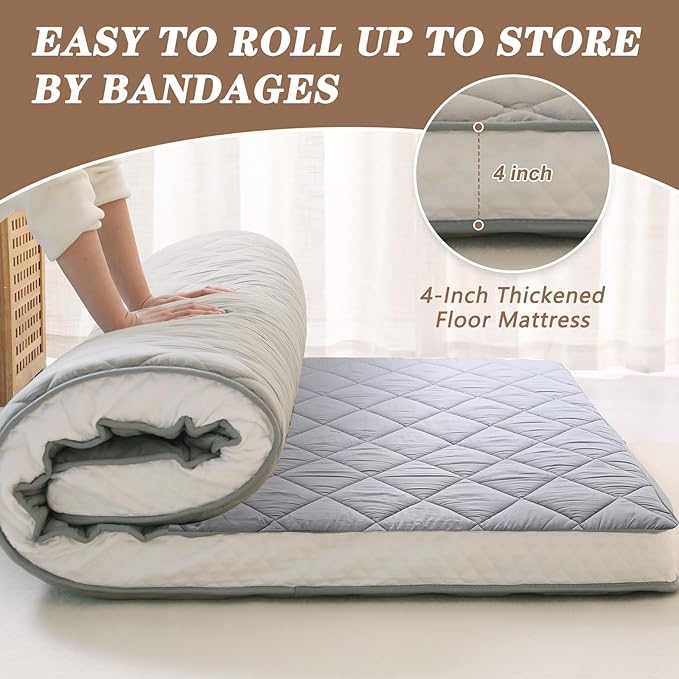 DoCred Queen Size Futon Mattress, Extra Thick Foldable Japanese Floor Mattress Memory Foam Sleeping Pad for Adults, Roll Up Mattress Tatami Mat Breathable Floor Lounger Guest Bed