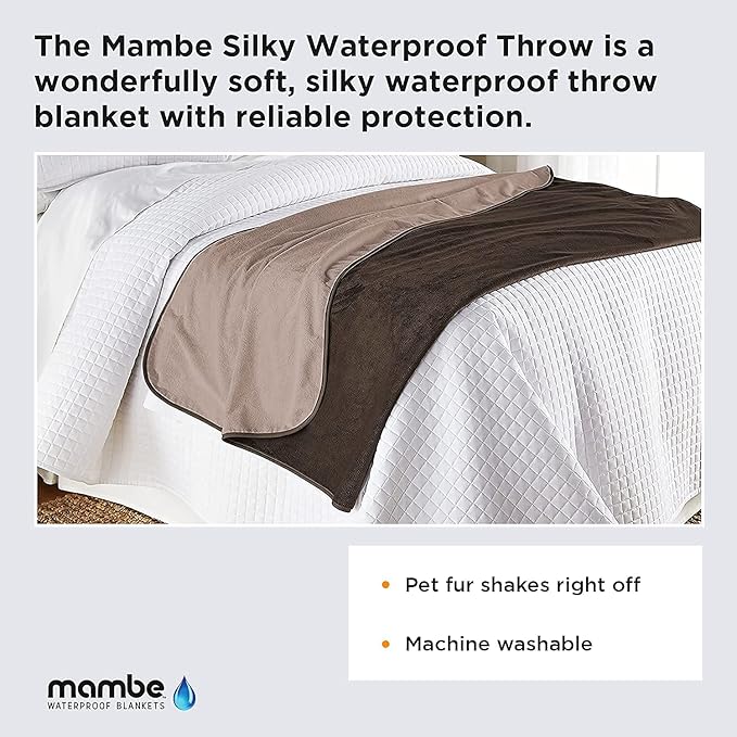 Mambe Silky Waterproof Throw for Protecting Furniture Bed Couch from Stains Caused by Dogs, Cats, Incontinence. Soft, Washable, Reversible. (Size Medium 70x70 inches, Color Chocolate/Cappuccino)