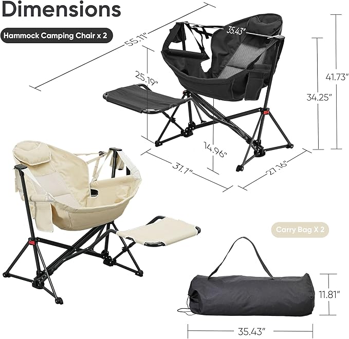 Ainfox Hammock Camping Chair with Footrest, Heavy Duty Foldable Portable Rocking Hammock Chairs Outside Swinging Camp with Cup Holder Pillow for Outdoor Patio Poolside Beige Black