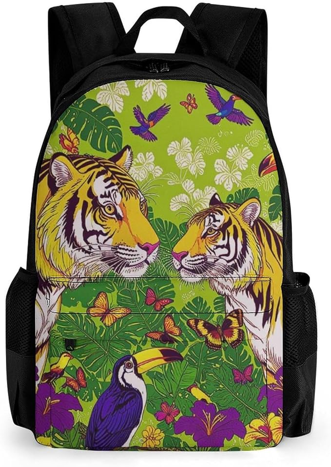 Supdreamc Backpack Polyester Multipurpose Anti-Theft Tropical Floral Wild Animals Tigers Parrot Green Shoulder Bag Big Capacity Gym Outdoor Hiking Backpack With Padded Straps