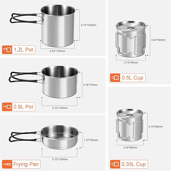 Odoland 13pcs Stainless Steel Camping Cookware Camping Pots and Pan Set with Portable Camping Stove Camping Mess Kit with Cups Forks Knives Spoons for Hiking Backpacking and Picnic