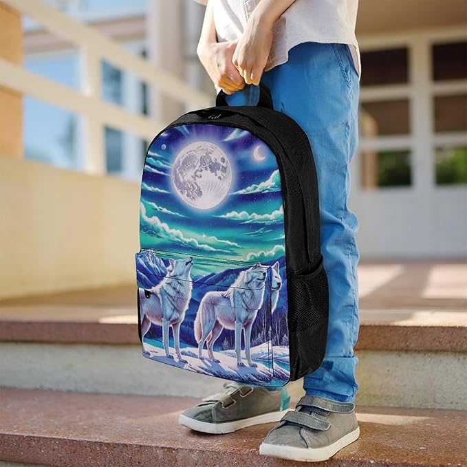 Supdreamc Polyester Daypack for Camping Travel Walking Cycling, Big Capacity Anti-Theft Multipurpose Bookbag, Wolves Moon Aurora Art Camping Outdoor Backpack