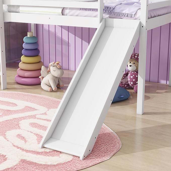 KEIKI Twin Loft Bed with Slide, Ladder, Rubber Wood Frame, Underbed Play Area & Storage, White