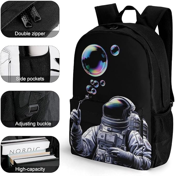 Supdreamc Daypack Backpack Polyester Anti-Theft Multipurpose Trippy Space Bubble Astronaut Art Bookbag Big Capacity Travel Hiking Camping Rucksack With Smooth Zippers