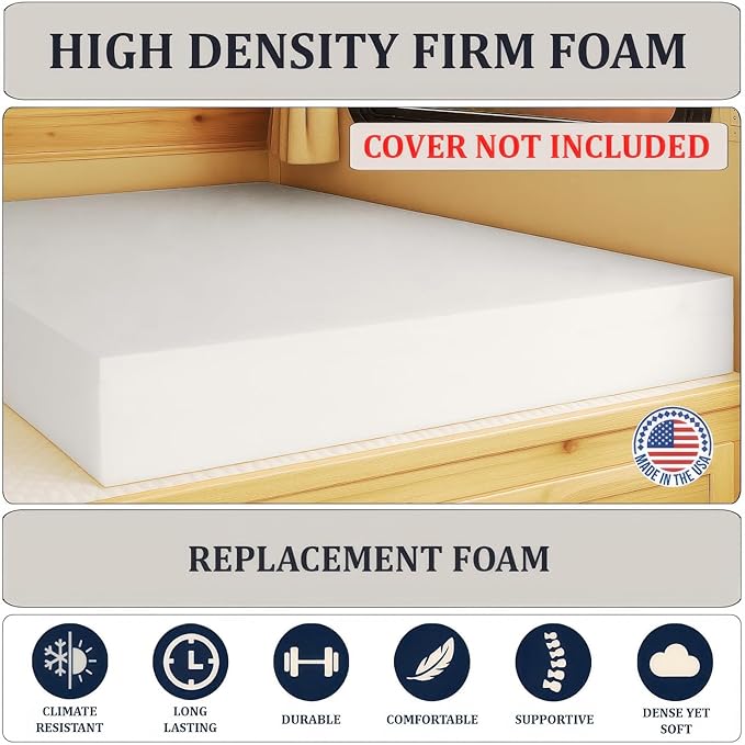 Foamma 8" x 36" x 75", Firm (No Cover), Mattress Replacement for RV Bunk, Camper, Truck & Travel Trailer, Back Support, CertiPUR-US Certified, Made in USA, Cover Not Included