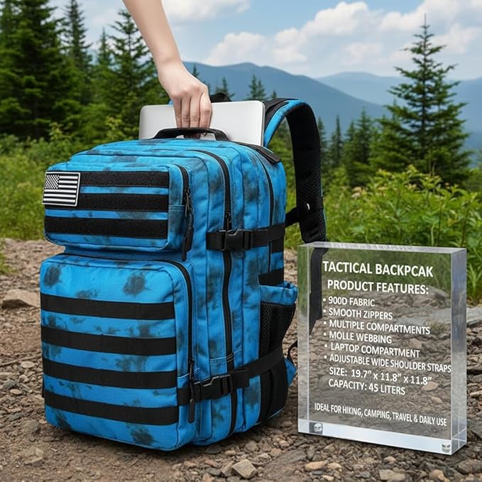 Military Tactical Backpack 45L Bug Out Bag Assault Pack Molle Daypack Hiking Gym Rucksack with Bottle Holder(Blue tie dye)