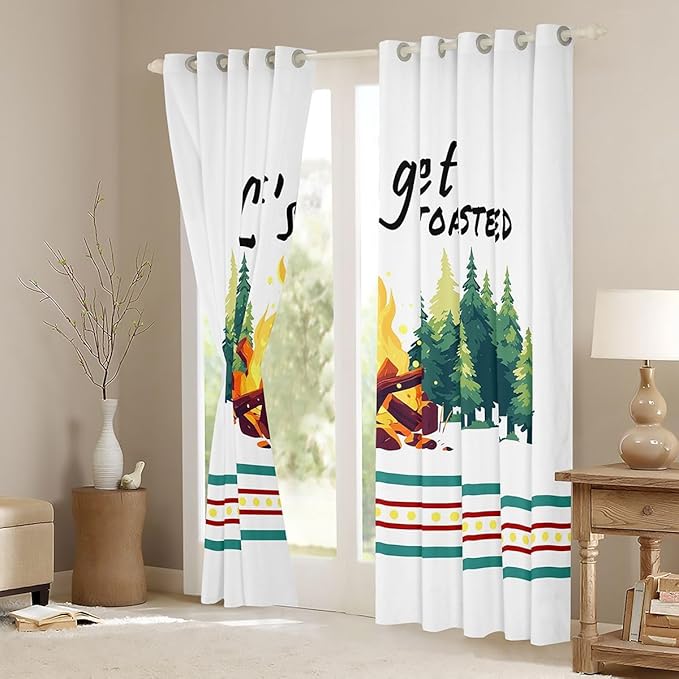 Happy Camping RV Window Drapes,Bonfire Campfire Pine Tree Natural Blackout Curtains,Camper Trailer Rustic Farmhouse Nursery Bedroom Playroom Decor,Green 2 Panels,52Wx84L inch