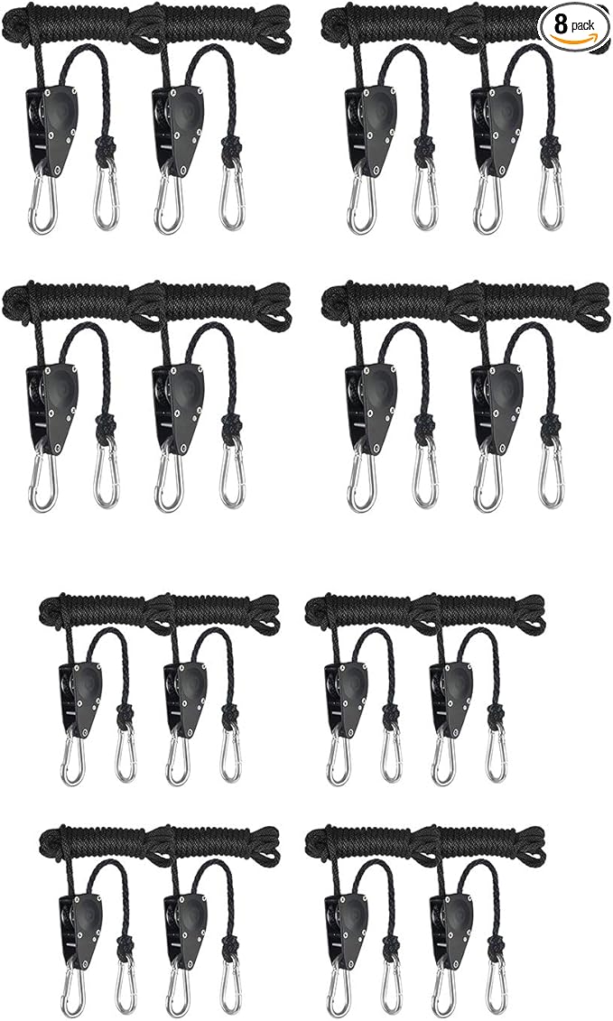 iPower GLROPEMG4X8 8-Pair 1/4 Inch 8-Feet Long Heavy Adjustable Duty Rope Clip Hanger Reinforced Metal, Black