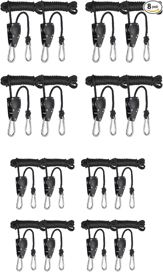 iPower GLROPEMG4X8 8-Pair 1/4 Inch 8-Feet Long Heavy Adjustable Duty Rope Clip Hanger Reinforced Metal, Black