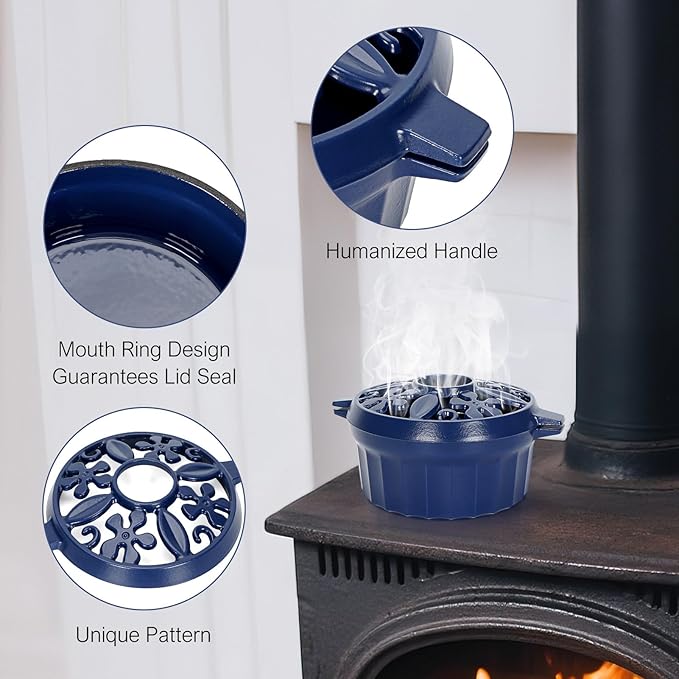 G GOOD GAIN Wood Stove Steamer - Cast Iron Round Bowl Fire Place Stove Humidifier Pot with Large Opening Top for Home Heating Decorative | Matte Finish & 2.7 Quart, Blue