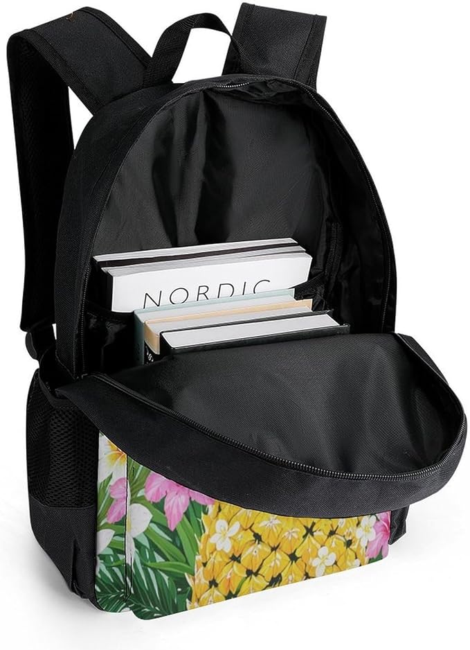 Men Women Polyester Hawaiian Pineapple Flowers Floral Backpack Large Capacity Bookbag With Smooth Zippers for Climbing Picnic Bicycle