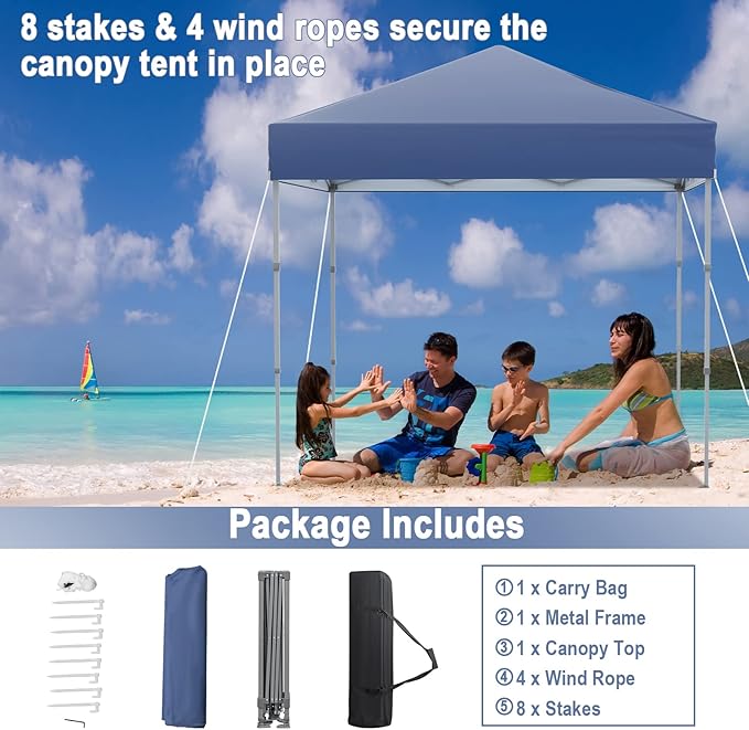 6.6 x 6.6 Ft Pop Up Canopy, 1 Person Instant Setup Canopy Tent with Push Center Lock, 8 Stakes, 4 Ropes & Carrying Bag, Portable Easy Up Gazebo Shelter for Outdoor Camp, Beach, Patio & Party