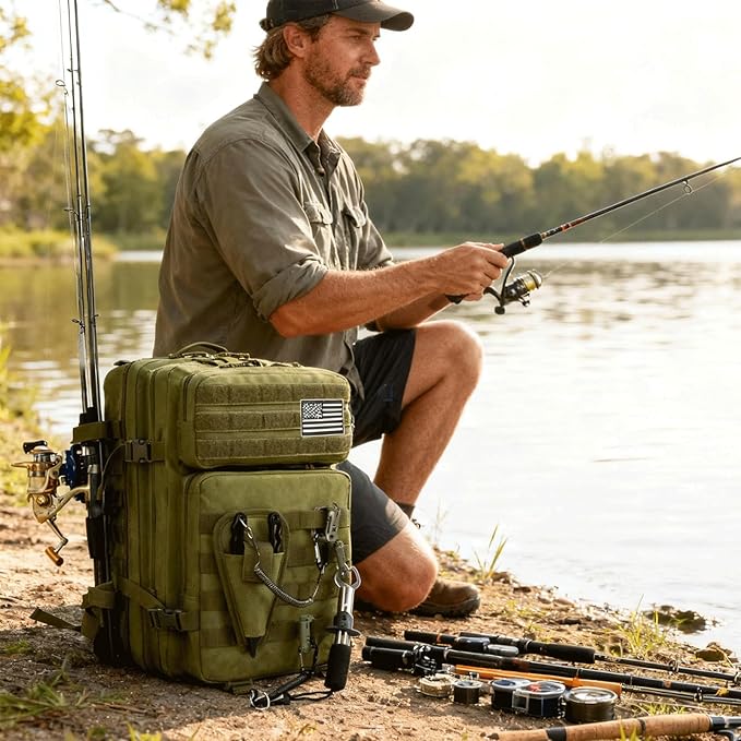 Large 45L Tactical Fishing Tackle Backpack with Removable Plier Holder & Rod Holders Storage Fishing Gear and Equipment Tackle Bag Hiking Backpack without Tackle Boxes Green