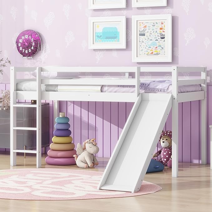 KEIKI Twin Loft Bed with Slide, Ladder, Rubber Wood Frame, Underbed Play Area & Storage, White
