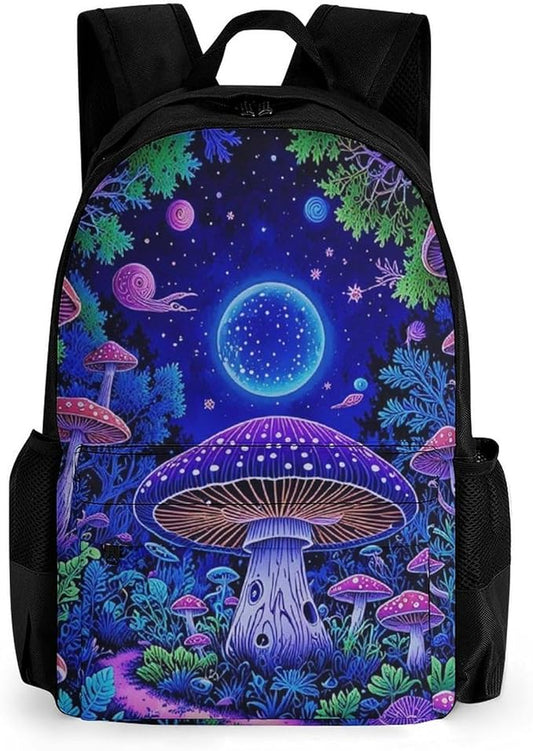 Supdreamc Backpack Polyester Anti-Theft Multipurpose Magic Mushroom Neon Purple Pattern Bookbag Large Capacity Laptop Book Bag Rucksack With Side Pockets