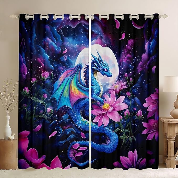 Manfei Blue Dragon Blackout Curtains Pink Lotus Flower Window Drapes,Cartoon Wild Animal Theme Window Treatments,Kids Boys Girls Room Decor,Grommet Top 2 Panel Set Bedroom Curtains, 42Wx90L inch
