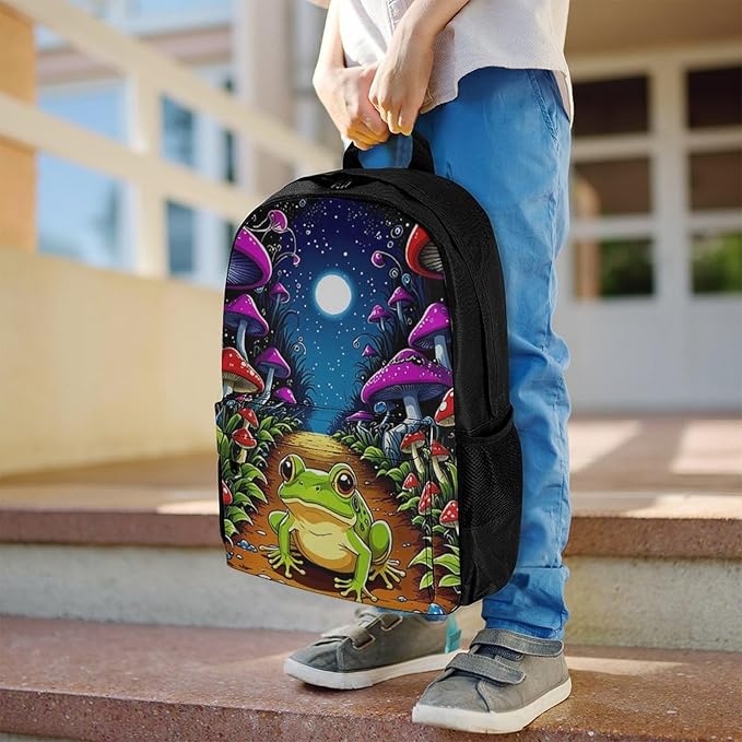 Supdreamc Casual Daypack Multipurpose Anti-Theft Large Capacity Carry On Bag, Psychedelic Magic Mushrooms Frog Trippy Art Casual Daypack Climbing Shoulder Bag With Padded Straps