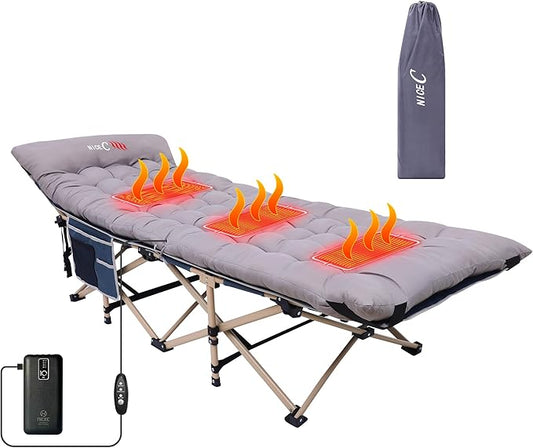 Nice C Heated Cot with Battery, Heated Camping Cots, Camping Cots with Mattress, for Adults, Folding Cot, with Pillow, Carry Bag, Storage Pocket, Extra Wide Sturdy, Holds Up to 500 Lbs (Grey, 1 Pack)