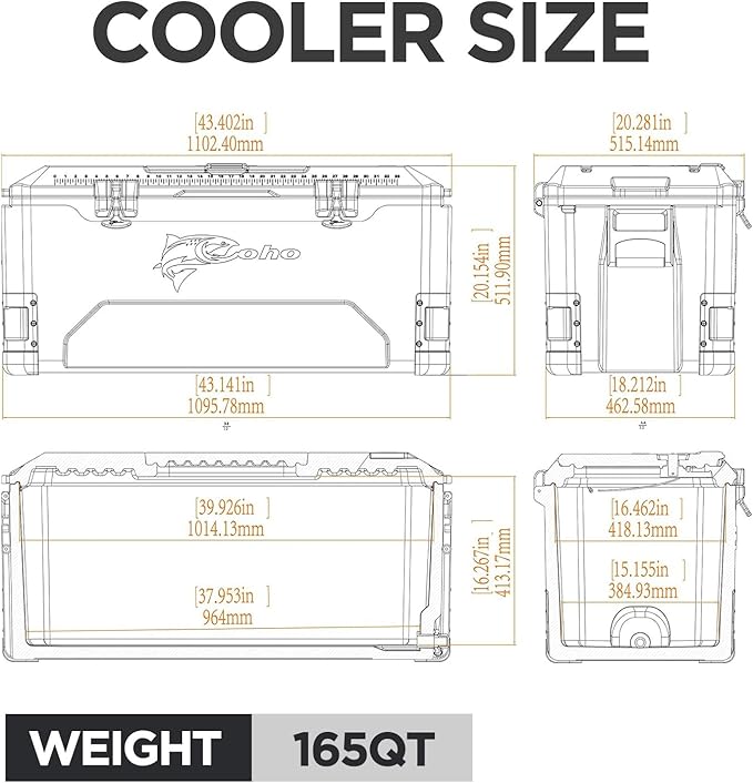 COHO 165QT Insulated Hard Cooler with Fish Ruler, Removable Cup Holders, Magnetic Disc & Tie-Down Loops, Ice Chest for Camping, Boating & Outdoor Use, Keeps Ice Up to 7 Days