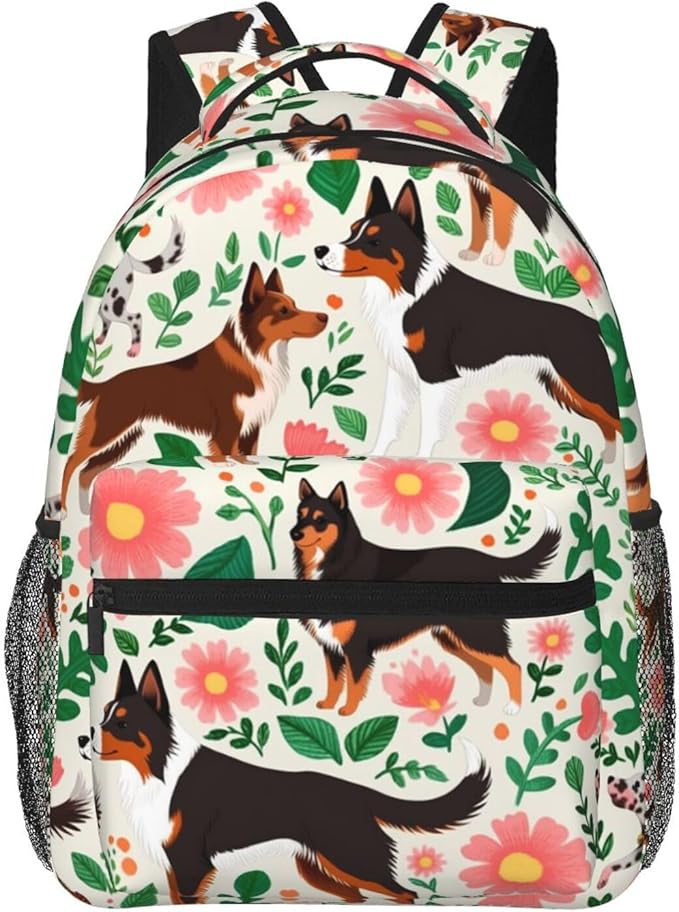 Daypack Anti-Theft Multipurpose Large Capacity Shoulder Bag, Australian Cattle Dog Florals Travel Hiking Camping Rucksack With Smooth Zippers