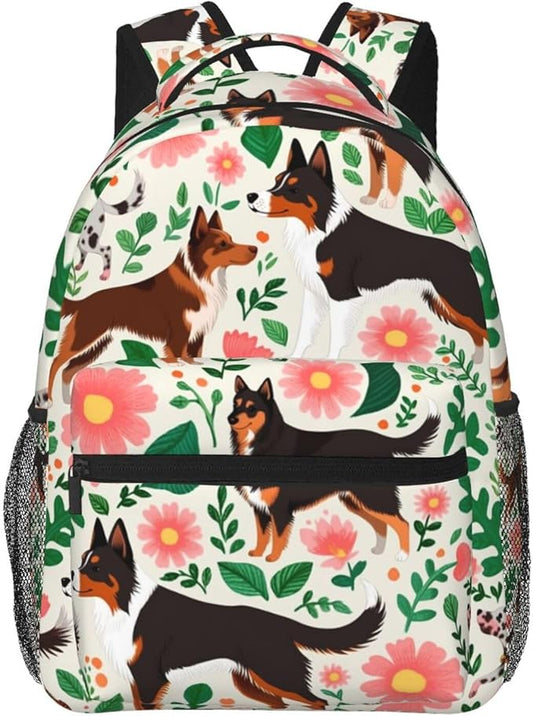 Daypack Anti-Theft Multipurpose Large Capacity Shoulder Bag, Australian Cattle Dog Florals Travel Hiking Camping Rucksack With Smooth Zippers