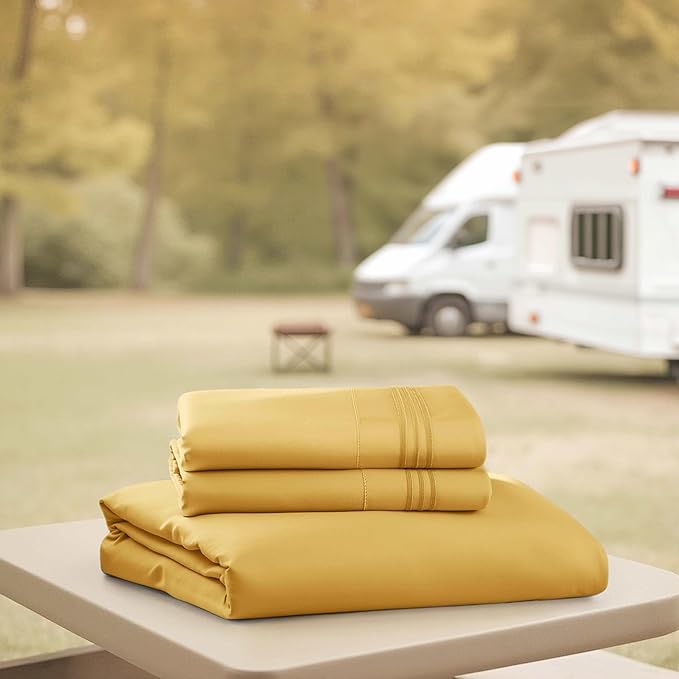 Hearth & Harbor Short Queen Sheets for RV, Camel Gold RV Queen Sheets, Silky Soft 1800 Microfiber Bed Sheet for Camper, 4 Piece RV Bedding with Pillowcases