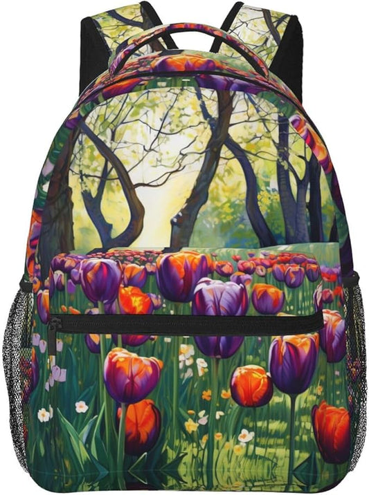 Adults Lightweight Colorful Sea Of Tulips Art Shoulder Book Bags Big Capacity Shoulder Bag With Adjustable Shoulder Straps for Trekking Work Walking Cycling